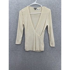 Ann Taylor Women's Sweater Surplice Cream Size medium Long Sleeve Beaded Silk